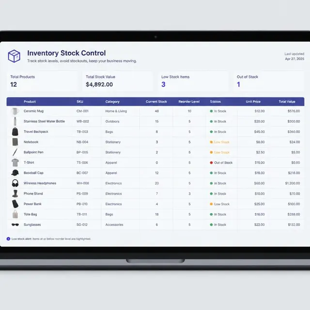 Vista previa de Inventario para pequeños negocios